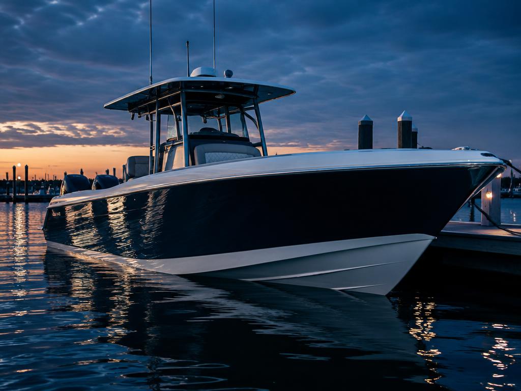 Clean center console boat at a marina at dusk