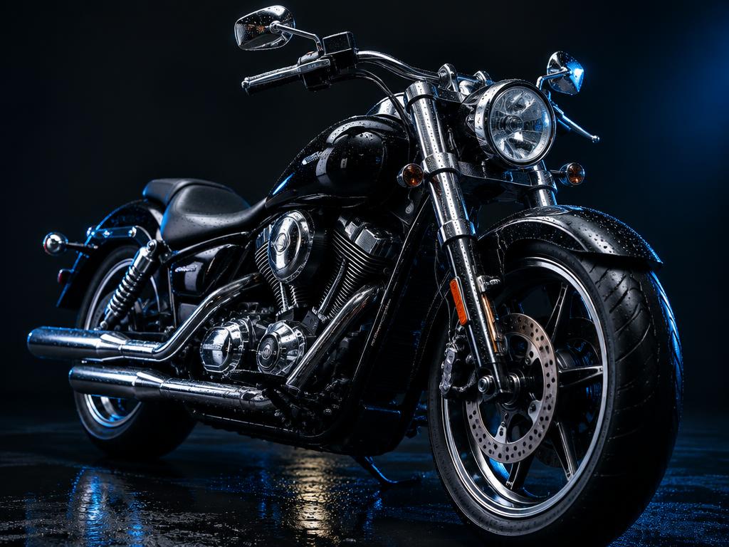 Glossy black motorcycle with water droplets on chrome