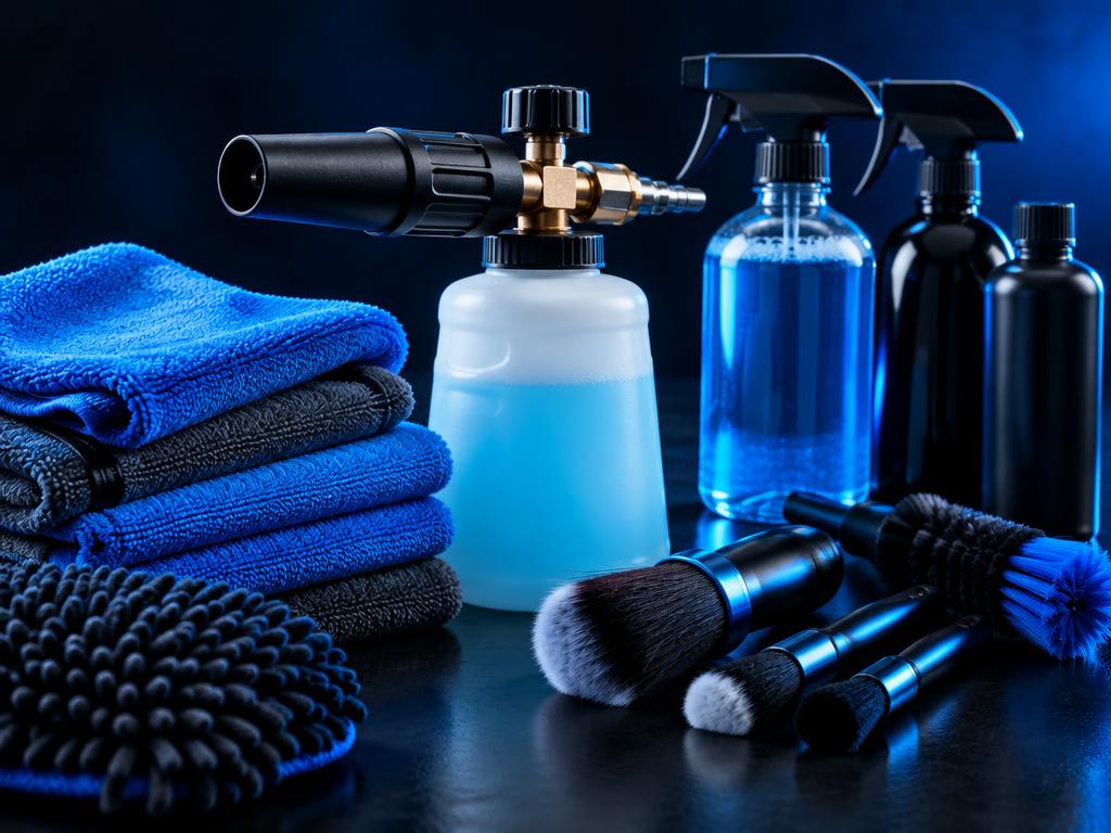 Foam cannon, microfiber towels, and detailing brushes