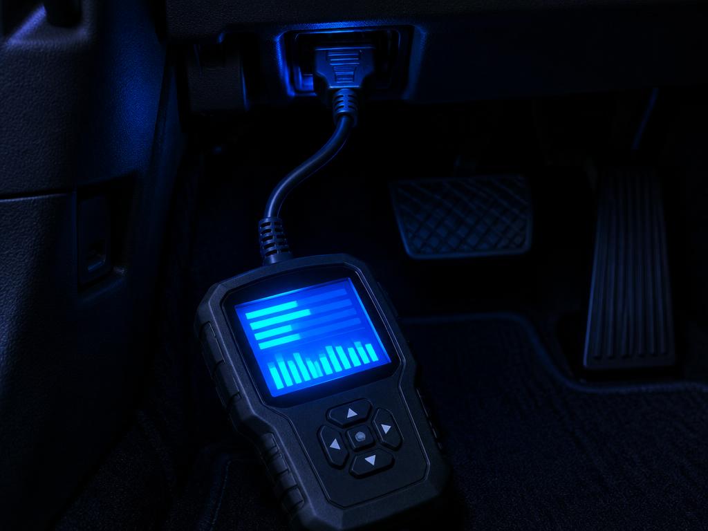 Sample photo: Diagnostic scan tool with a glowing screen connected under a car dashboard