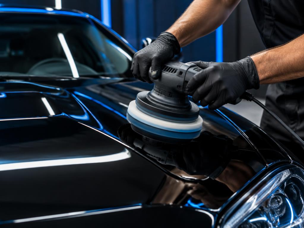 Machine polisher working on glossy paint