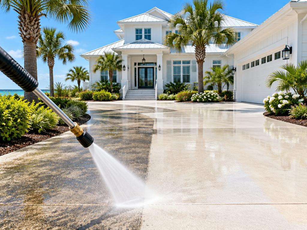 Pressure washing a residential driveway